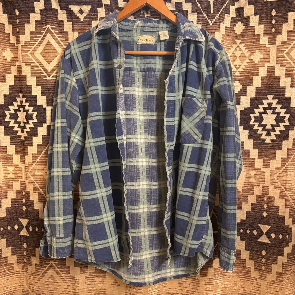 Open Trails Distressed Flannel Plaid Button Up Shirt, Size XL, 100% Cotton